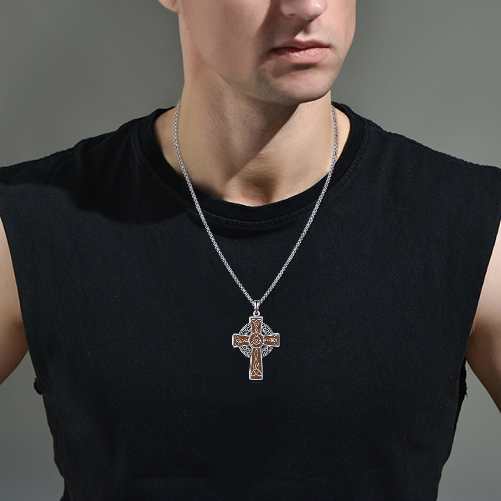 Women's 925 Sterling Silver Wooden Celtic Cross Necklace